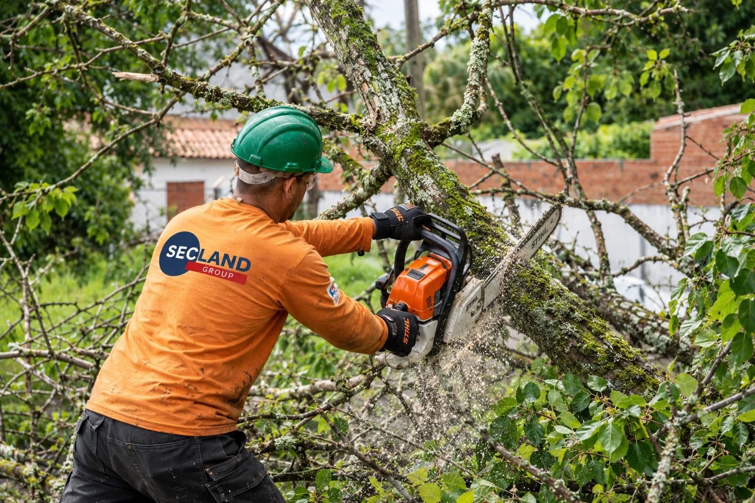 Secland-Mitarbeiter mit Handschuhen und Helm zersägt einen umgestürzten Baum mit der Kettensäge