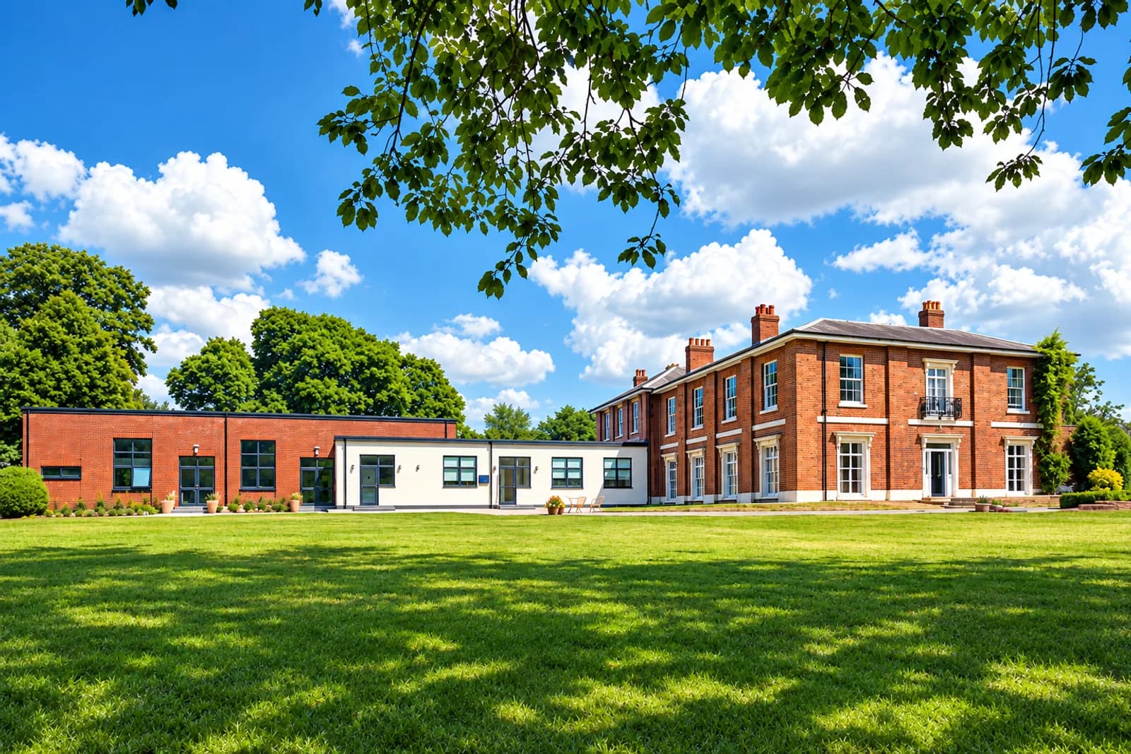 The Hall w Wolston — dom z czerwonej cegły z nowoczesną dobudową biurową